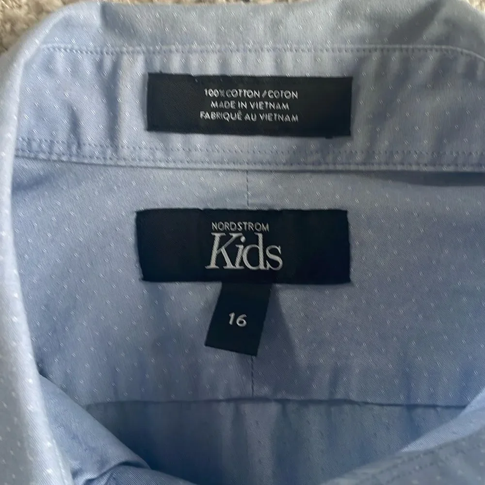 Nordstrom Kids Light Blue Patterned Button Down Dress Shirt Sz 16 Formal Collar